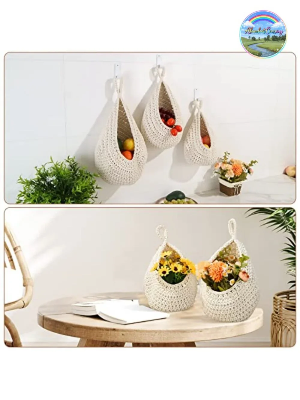 Handwoven Boho Hanging Fruit Basket Set of 3 with Hooks for Kitchen Storage